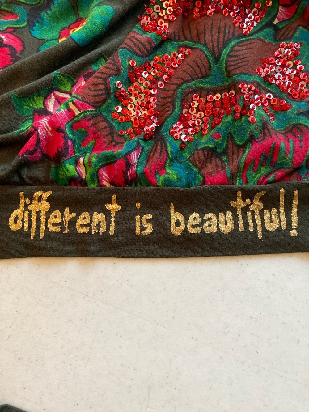 Desigual Olive Tunic “different is beautiful”with Pink & Green Floral Print - Picture 11 of 11